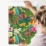 Papier Peint FLEURS Tropicale Perroquets Beige - Bleu - Vert - Rouge - Papier - Textile - 53 x 1000 x 1000 cm