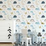 Papier Peint Animaux DINOSAURES Pastel Beige - Noir - Bleu - Blanc - Papier - Textile - 53 x 1000 x 1000 cm