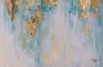 Tableau peint à la main Traces of Heaven Beige - Turquoise - Bois massif - Textile - 75 x 100 x 4 cm