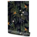 Papier Peint FEUILLES Tropicales Fleurs Noir - Vert - Orange - Blanc - Papier - Textile - 53 x 1000 x 1000 cm