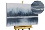 Tableau peint à la main Firs in the Mist Bleu - Blanc - Bois massif - Textile - 100 x 75 x 4 cm