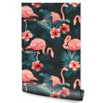 Papier Peint FLAMANTS Feuilles Fleurs Noir - Marron - Vert - Rouge - Papier - Textile - 53 x 1000 x 1000 cm