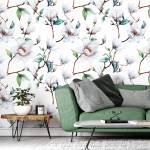 Papier Peint Brindilles FLEURS Magnolia Marron - Vert - Blanc - Papier - Textile - 53 x 1000 x 1000 cm