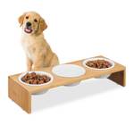 Gamelles pour chiens Marron - Blanc - Bambou - Céramique - 47 x 10 x 17 cm