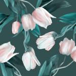 Papier Peint TULIPES Fleurs Feuilles Gris - Vert - Rose foncé - Blanc - Papier - Textile - 53 x 1000 x 1000 cm