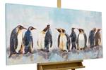 Tableau peint Cercle de pingouins Noir - Bleu - Bois massif - Textile - 120 x 60 x 4 cm