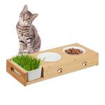 Katzen Futterstation & Katzengras Schale Braun - Weiß - Bambus - Keramik - 44 x 7 x 18 cm