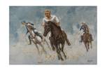 Acrylbild handgemalt Polo Game Blau - Gold - Massivholz - Textil - 90 x 60 x 4 cm