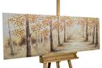 Tableau peint à la main Allée automnale Marron - Gris - Bois massif - Textile - 150 x 50 x 4 cm