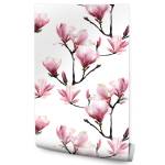 Papier Peint MAGNOLIA Fleurs Plantes Noir - Vert - Rose foncé - Blanc - Papier - Textile - 53 x 1000 x 1000 cm