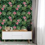 Papier Peint feuilles exotiques fleurs Noir - Vert - Rouge - Blanc - Papier - 53 x 1000 x 1000 cm