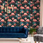 Tapete FLAMINGOS Blätter Blumen Natur Schwarz - Braun - Grün - Rot - Papier - Textil - 53 x 1000 x 1000 cm