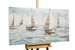 Tableau peint à la main Sailboat Racing Bleu - Blanc - Bois massif - Textile - 140 x 70 x 4 cm