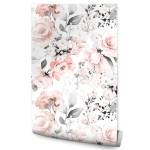 Papier Peint ROSES Feuilles Aquarelle Beige - Gris - Rose foncé - Blanc - Papier - Textile - 53 x 1000 x 1000 cm