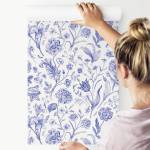 Papier Peint FLEURS Feuilles Plantes Beige - Bleu - Papier - Textile - 53 x 1000 x 1000 cm