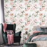 Papier Peint ROSES Feuilles Aquarelle Beige - Vert - Blanc - Papier - Textile - 53 x 1000 x 1000 cm