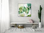 Acrylbild handgemalt Wehende Blätter Grün - Weiß - Massivholz - Textil - 90 x 90 x 4 cm