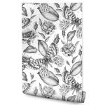 Papier Peint FEUILLES Roses Papillons Noir - Blanc - Papier - Textile - 53 x 1000 x 1000 cm