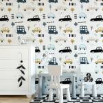 Tapete für Kinder AUTOS Bäume Straße Beige - Schwarz - Grau - Weiß - Papier - Textil - 53 x 1000 x 1000 cm