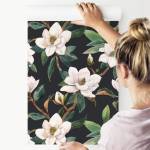 Papier Peint FLEURS Magnolia Nature Beige - Marron - Vert - Blanc - Papier - Textile - 53 x 1000 x 1000 cm