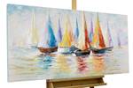 Tableau peint à la main Rainbow Regatta Blanc - Bois massif - Textile - 120 x 60 x 4 cm