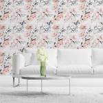 Papier Peint ROSES Feuilles Aquarelle Beige - Gris - Rose foncé - Blanc - Papier - Textile - 53 x 1000 x 1000 cm