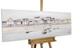 Kunstdruck handbemalt Little Port Town Beige - Blau - Massivholz - Textil - 150 x 50 x 4 cm