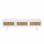 Meuble TV blanc 3 tiroirs cannage Blanc - En partie en bois massif - 40 x 40 x 120 cm