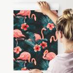 Tapete FLAMINGOS Blätter Blumen Natur Schwarz - Braun - Grün - Rot - Papier - Textil - 53 x 1000 x 1000 cm