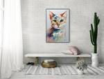 Acrylbild handgemalt Katze im Farbtopf Weiß - Massivholz - Textil - 70 x 100 x 4 cm