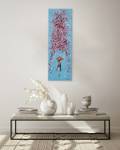 Tableau peint Flowerway to Dream Bleu - Rose foncé - Bois massif - Textile - 40 x 120 x 4 cm