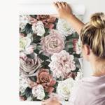 Papier Peint fleurs feuilles nature Vert - Rose foncé - Papier - 53 x 1000 x 1000 cm