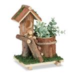 Holz Blumentopf mit Vogelhaus Braun - Grün - Holzwerkstoff - Naturfaser - 16 x 22 x 12 cm