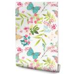 Papier Peint PAPILLONS Fleurs Feuilles Beige - Bleu - Vert - Blanc - Papier - Textile - 53 x 1000 x 1000 cm