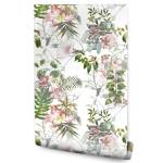 Papier Peint FEUILLES Fleurs Tropicales Beige - Vert - Blanc - Papier - Textile - 53 x 1000 x 1000 cm