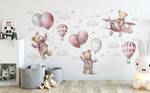 Wandsticker Teddybären Ballons Wolken Beige - Grau - Hellrosa - Weiß - 120 x 60 x 60 cm