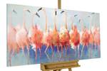 Bild gemalt Tango Twist der Flamingos Blau - Pink - Massivholz - Textil - Holz teilmassiv - 140 x 70 x 4 cm