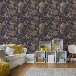 Papier Peint FLEURS Papillons Vintage Beige - Bleu - Marron - Gris - Papier - Textile - 53 x 1000 x 1000 cm