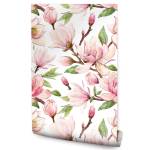 Papier Peint FLEURS Magnolias Nature Marron - Vert - Rose foncé - Blanc - Papier - Textile - 53 x 1000 x 1000 cm