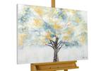 Tableau peint à la main Blooming Giant Doré - Turquoise - Bois massif - Textile - 100 x 75 x 4 cm