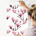 Papier Peint MAGNOLIA Fleurs Plantes Noir - Vert - Rose foncé - Blanc - Papier - Textile - 53 x 1000 x 1000 cm