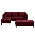 Hoekbank LAONA fluweel - Velours Pauno: Bordeaux - Longchair vooraanzicht links - Met hocker