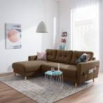 Ecksofa SOLA mit Longchair Webstoff Luba: Hellbraun - Longchair davorstehend links - Mit Schlaffunktion