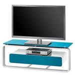 Meuble TV Shanon I Blanc brillant - Blanc / Verre bleu pétrole - Largeur : 110 cm