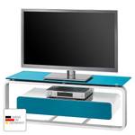 Meuble TV Shanon I Blanc brillant - Blanc / Verre bleu pétrole - Largeur : 110 cm
