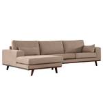 Hoekbank BILLUND met chaise longue geweven stof - Geweven stof Vele: Taupe - Longchair vooraanzicht links - Donker beukenhout