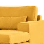 Canapé d’angle BILLUND avec méridienne Tissu - Tissu Vele: Jaune moutarde - Méridienne courte à droite (vue de face) - Hêtre foncé