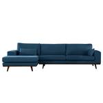 Hoekbank BILLUND met chaise longue geweven stof - Geweven stof Vele: Blauw - Longchair vooraanzicht links - Donker beukenhout