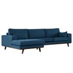 Hoekbank BILLUND met chaise longue geweven stof - Geweven stof Vele: Blauw - Longchair vooraanzicht links - Donker beukenhout