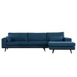 Ecksofa BILLUND mit Longchair Baumwollstoff Vele: Blau - Longchair davorstehend rechts - Buche Dunkel